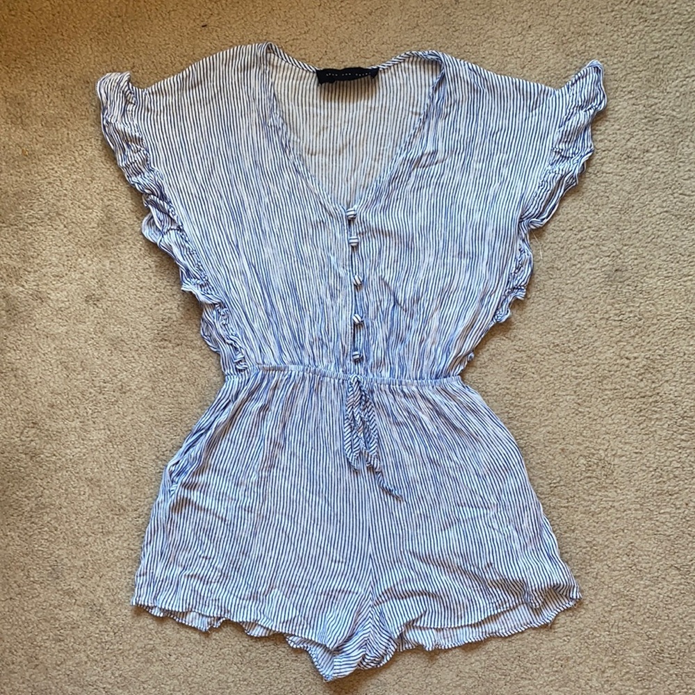 Pinstripe romper with ruffle sleeves